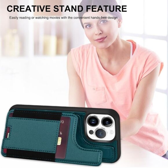 Green iPhone 15 Pro Leather Wallet Case RFID Blocking Magnetic Closure - Picture 4 of 5